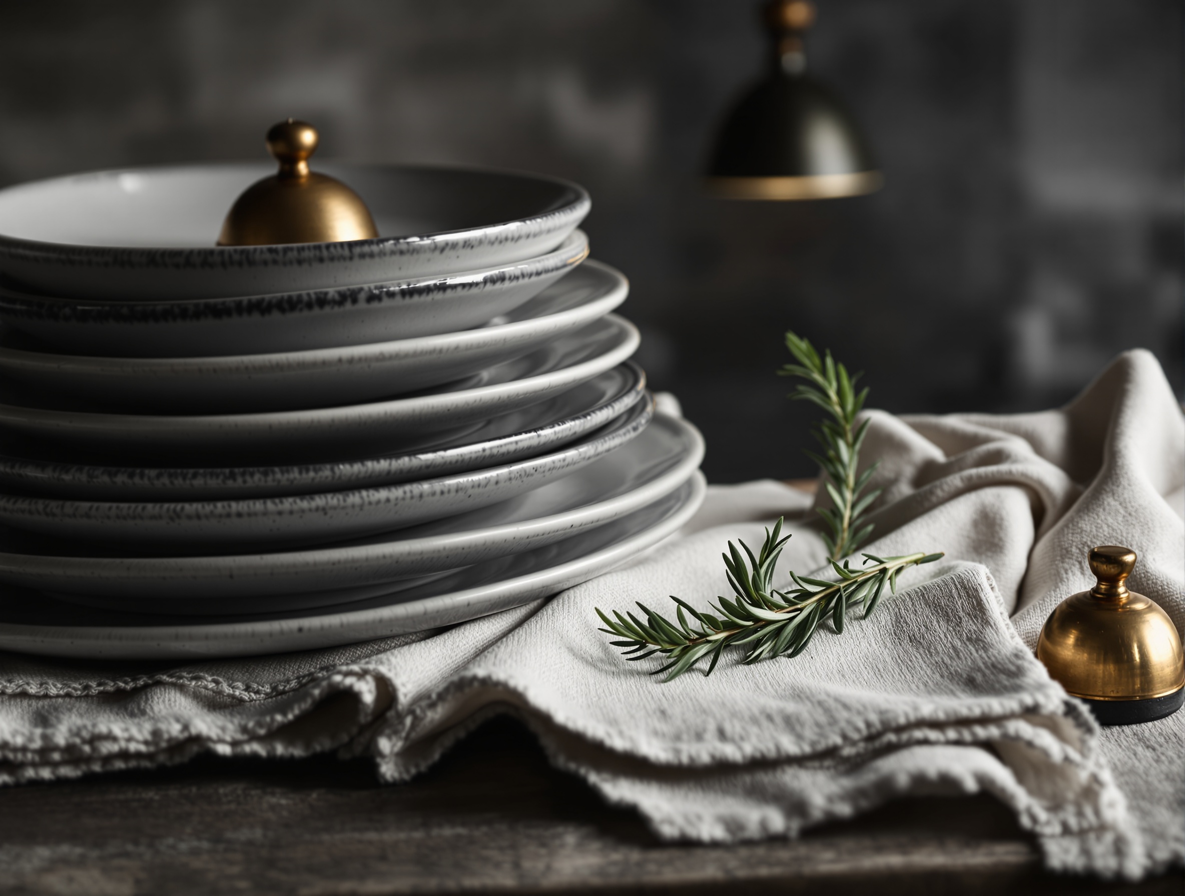 Close up of plated ceramic and linen napkin on a wooden table