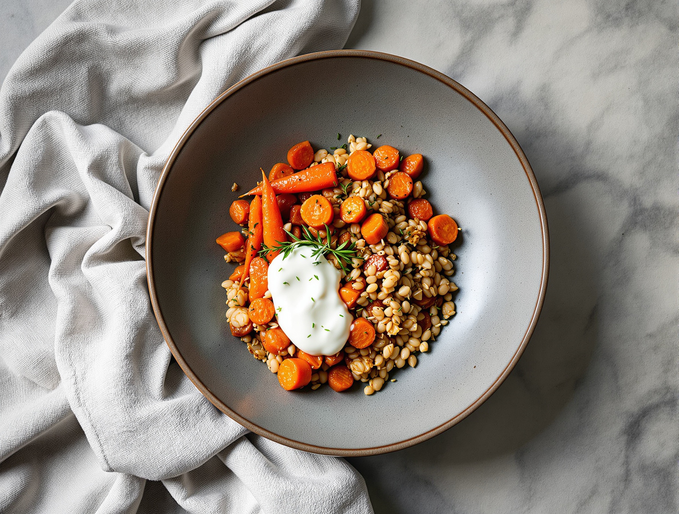Roasted carrots with pearl barley and whipped ewe's curd on a ceramic plate