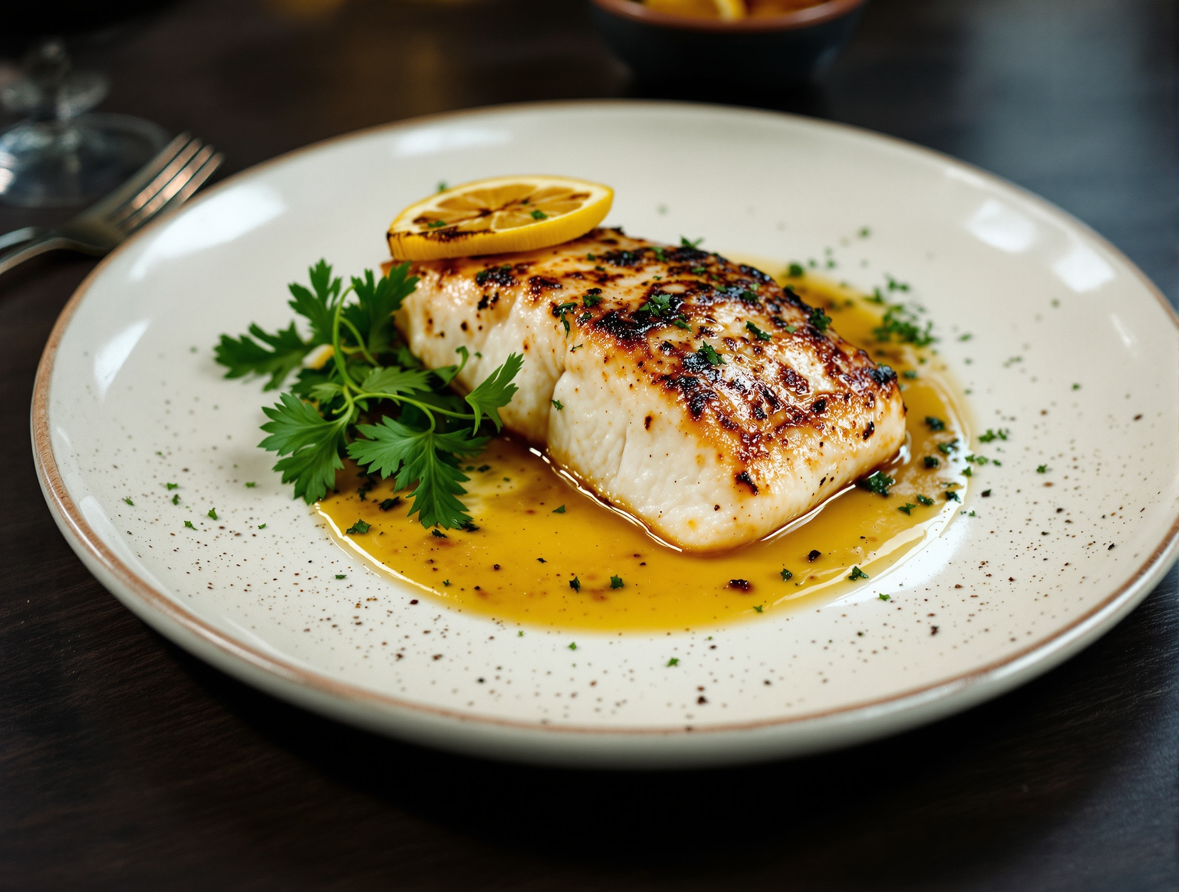 Day-boat hake with brown shrimp butter and sea herbs on a dark plate
