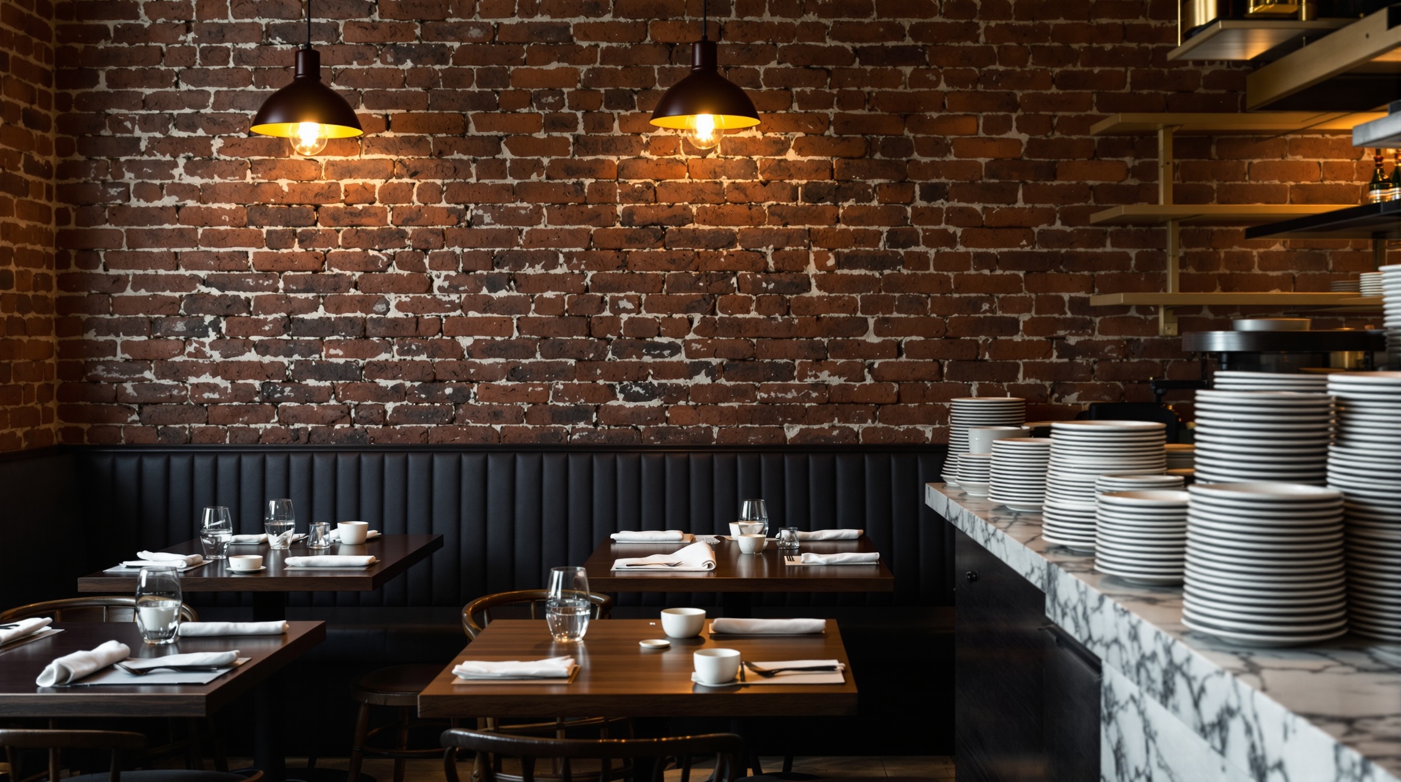 Chapter House dining room at dusk, low lamp light, wooden tables, open kitchen in the background