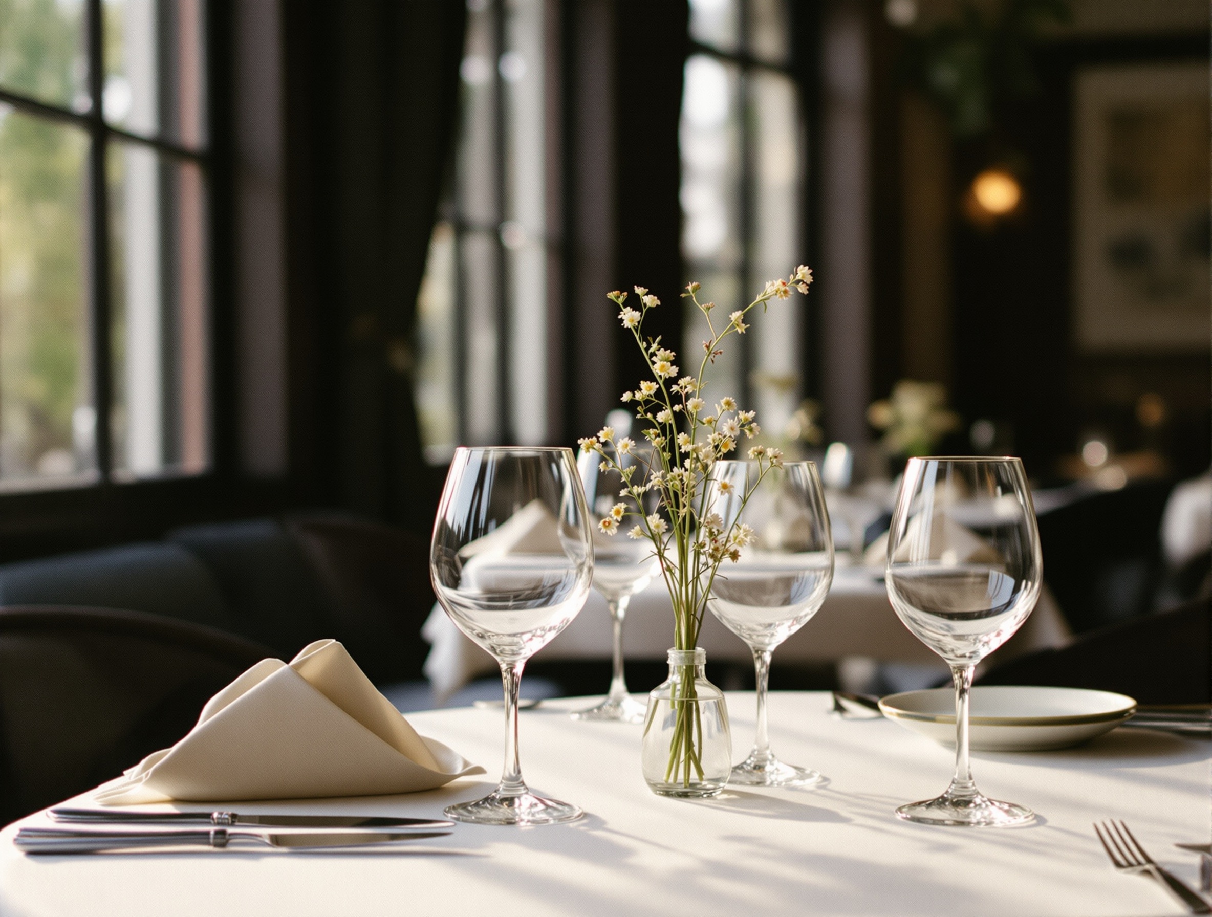 Dining room at Chapter House with warm lamp light and reclaimed wood tables